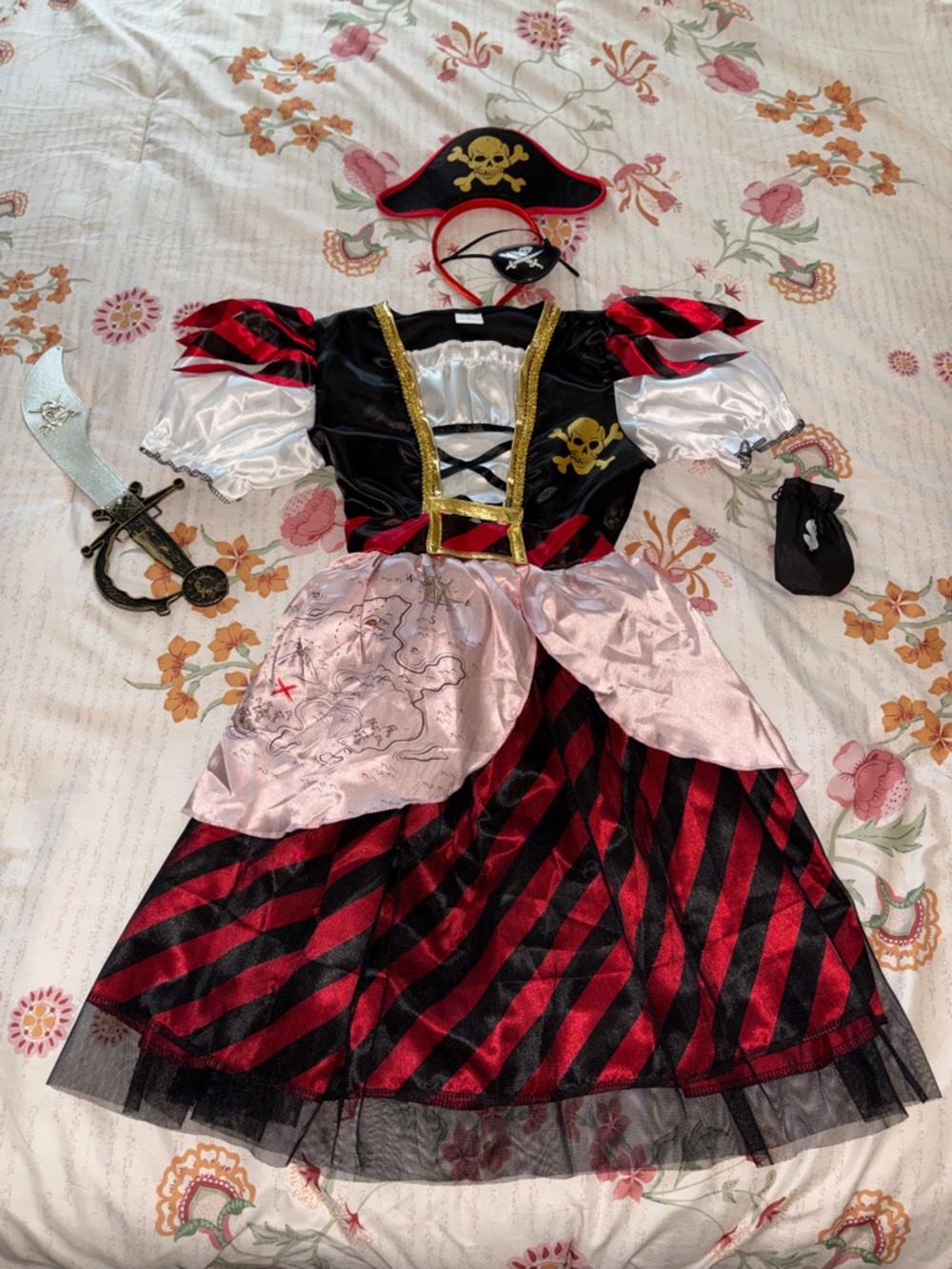 Girls Red & Black Pirate Costume with Hat and Accessories